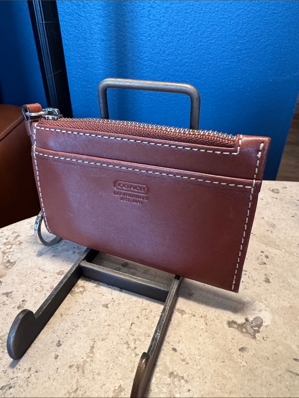 Coach Saddle Brown Leather Zip Card Case with Key Ring